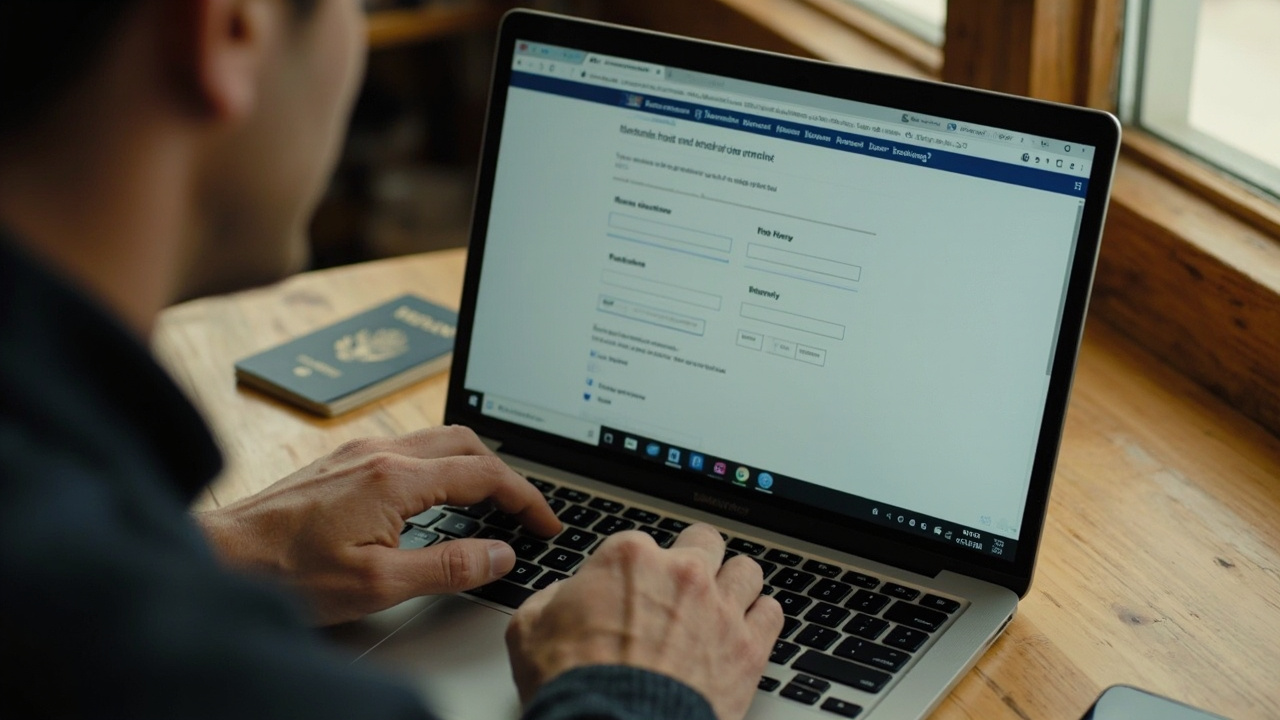 Close-up of an American traveler's hands editing a clean generic application form on a laptop before payment, with a blue US passport nearby on a warm wooden desk