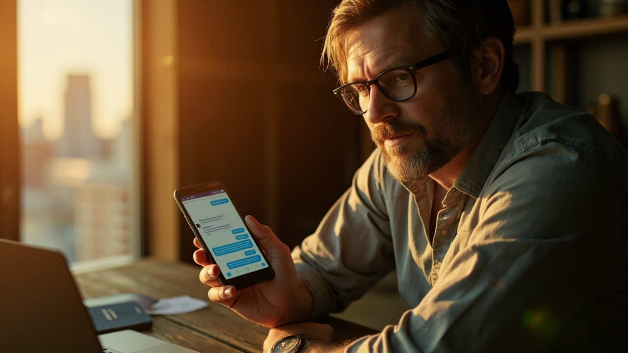 American traveler holding a smartphone showing a generic support-chat conversation, sitting at a sunlit desk with a laptop and a blue US passport