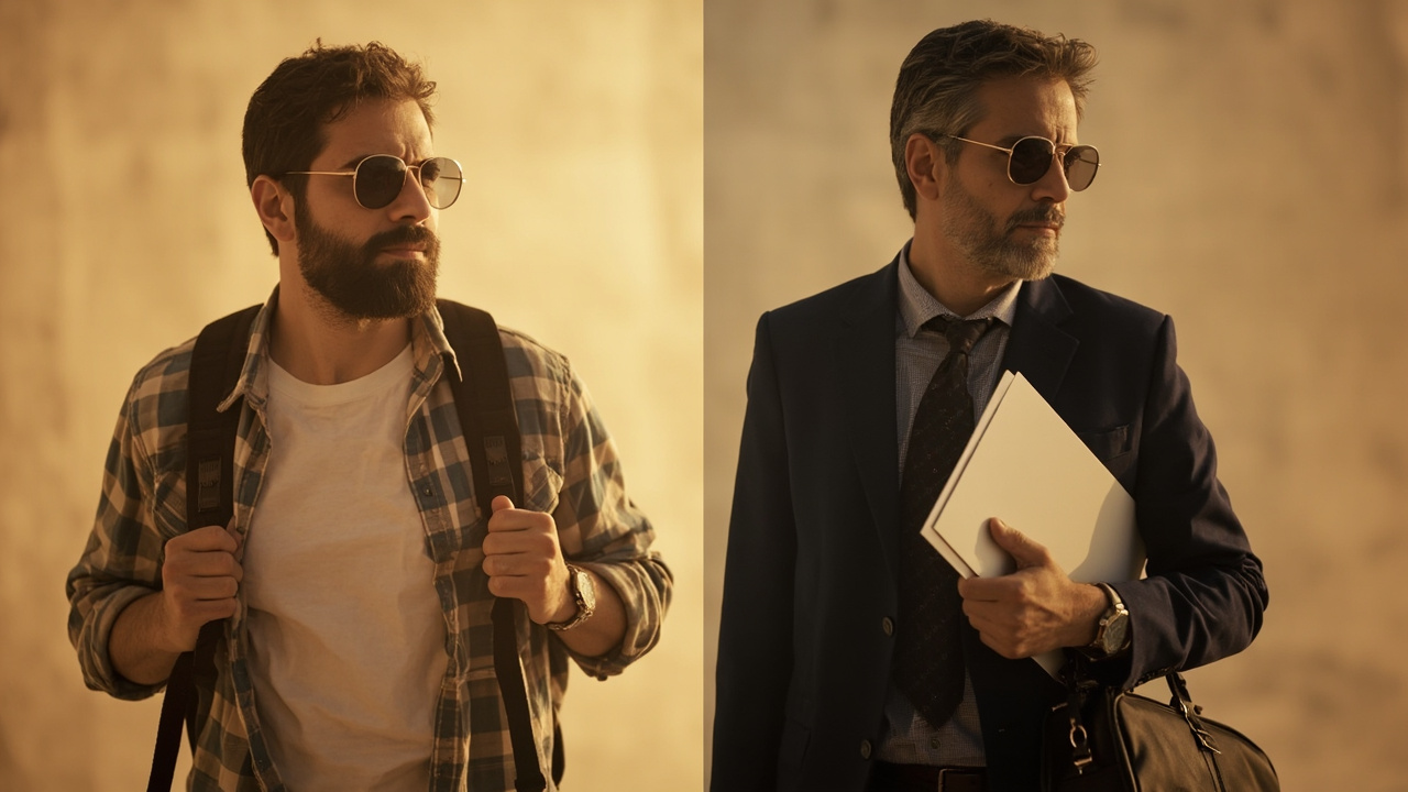 Split editorial scene of one American traveler relaxed in casual vacation clothes and another in smart business attire with a laptop bag, both at golden hour