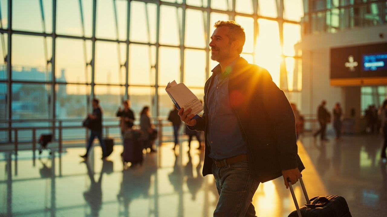 American traveler with a small carry-on bag walking through a bright modern airport terminal at golden hour, blue US passport in hand