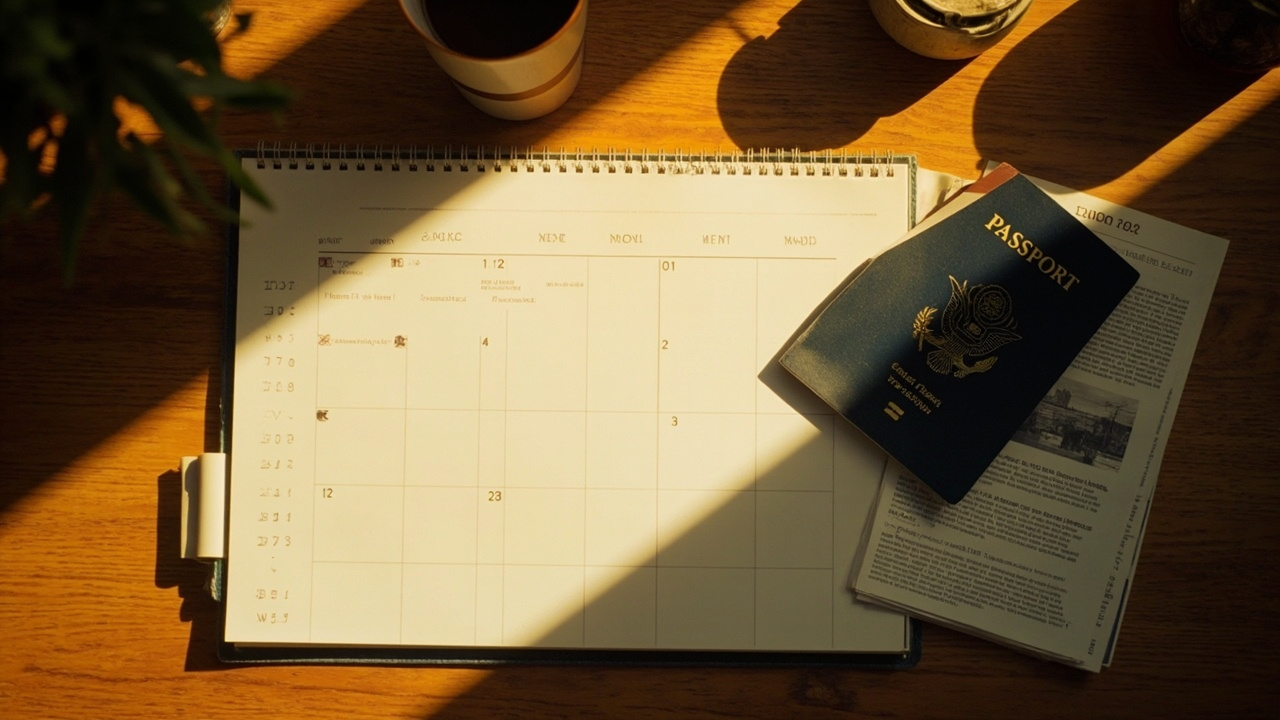A wall calendar on a warm desk with a 30-day window marked and a blue US passport resting nearby in golden-hour light