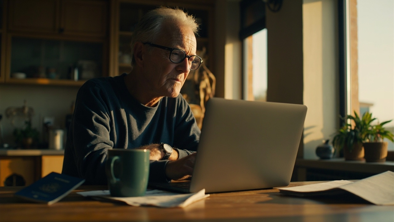 American traveler at a home table choosing between two options on a laptop before a trip, with a blue US passport and coffee beside them