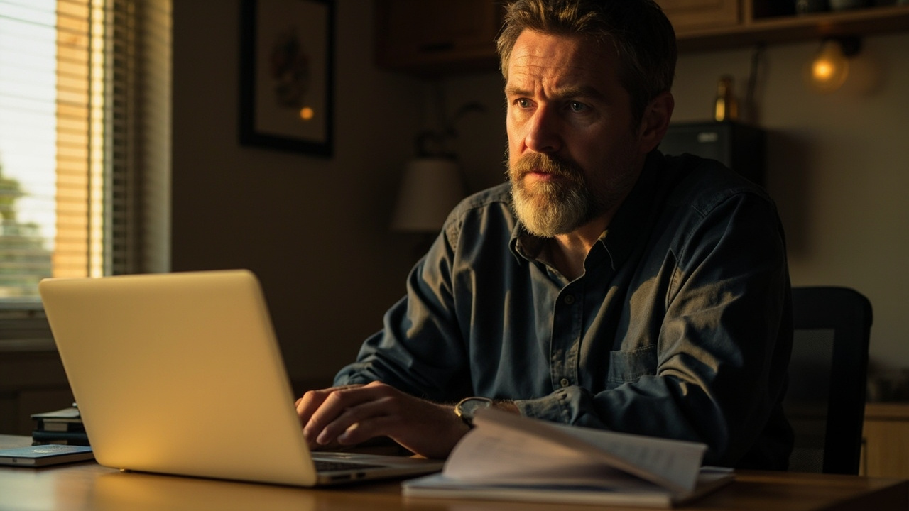 American traveler in their 30s looking thoughtfully at a laptop and a folded printout at a sunlit home desk with a blue US passport beside them