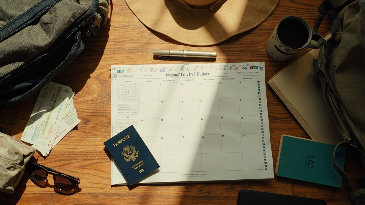 Split travel-planning desk scene contrasting a packed week-long carry-on trip with a months-long stay, a US passport and a wall calendar on a warm wooden desk