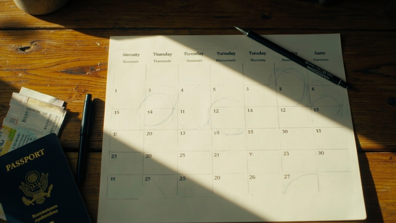Overhead view of a paper wall calendar with a 30-day block lightly marked, a blue US passport, and a pen on a warm wooden desk