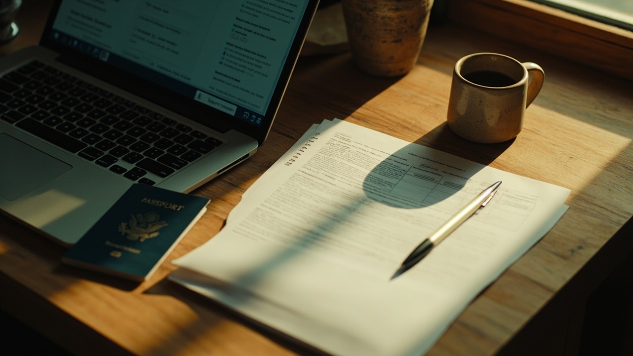 Overhead desk scene with a blue US passport, an open laptop showing a generic form, a folded A4 printout, and a coffee suggesting an in-country visa extension