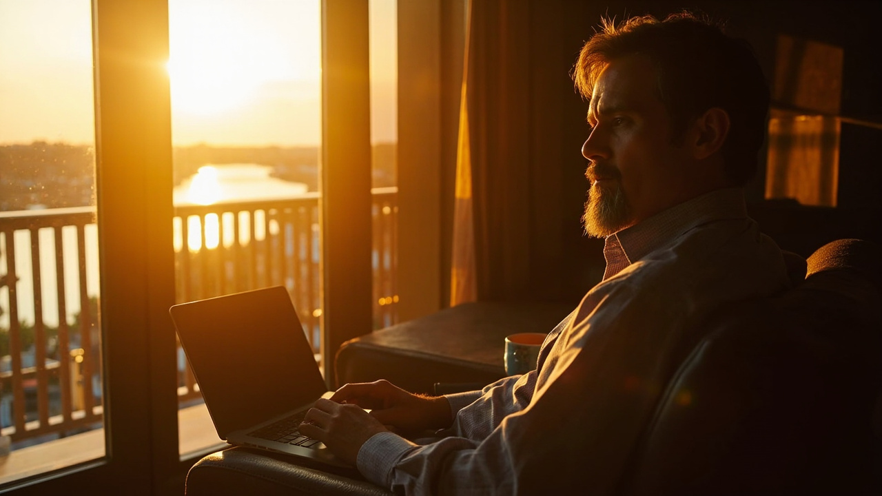 American remote worker settled at a laptop on a sunlit balcony overlooking a Cambodian riverside town at golden hour