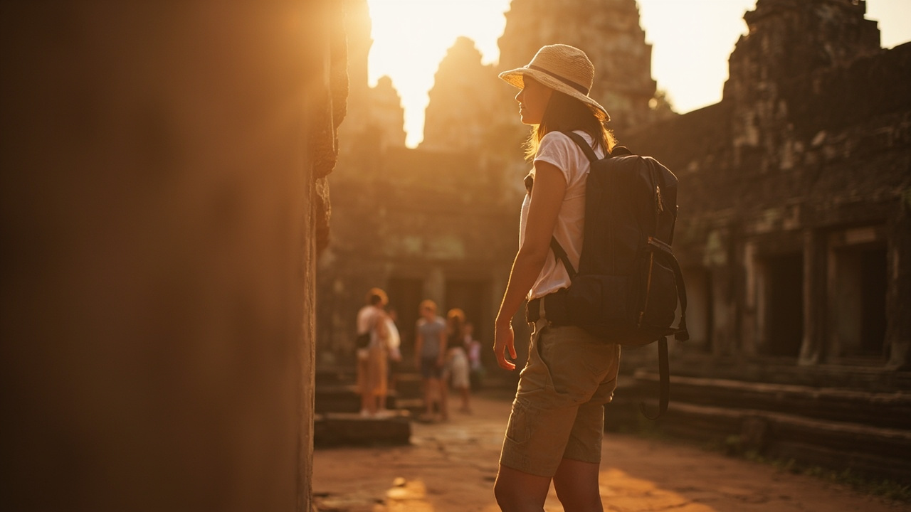American traveler in their thirties with a small carry-on pausing before a soft-focus Angkor temple at golden hour