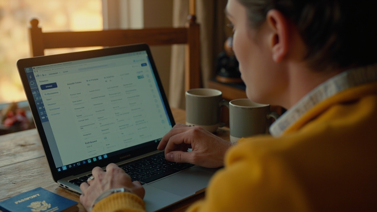 American traveler at a sunlit home desk filling out a Cambodia eVisa application on a laptop, blue US passport beside the keyboard