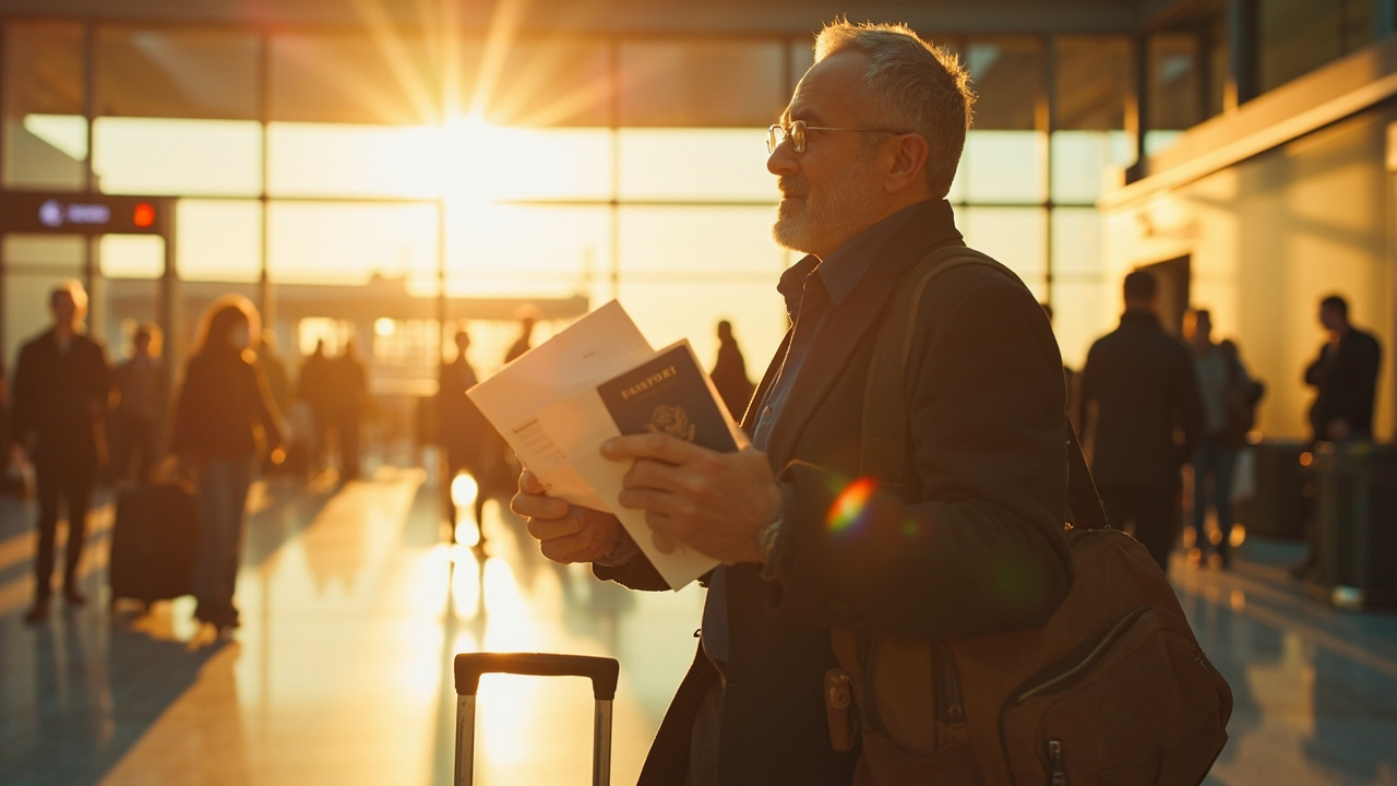 American traveler at a soft-focus US airport holding a folded printed visa PDF and a blue US passport at golden hour
