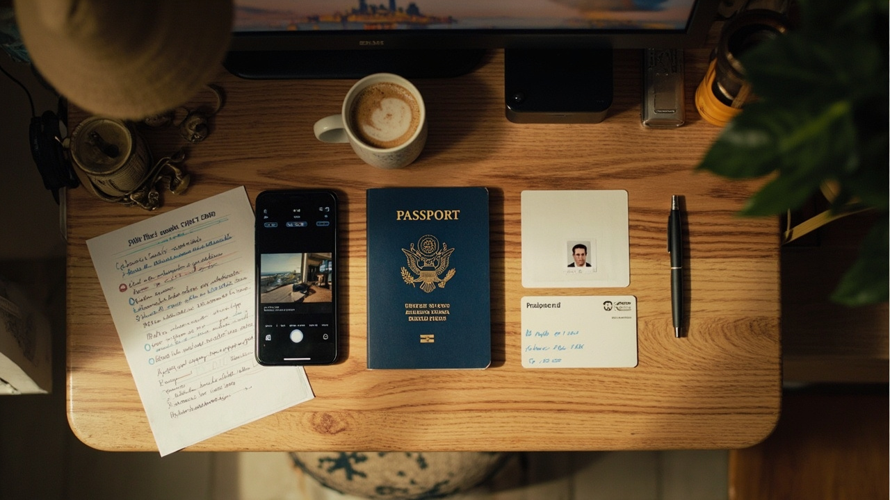 Overhead flat-lay of a blue US passport, a smartphone, a printed passport-style photo on a white card, and a credit card on a warm wooden desk