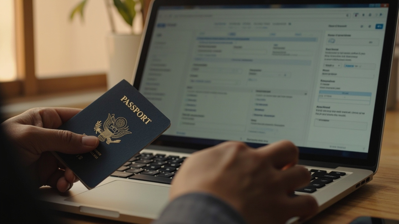 Close-up of hands holding a blue US passport open to the bio page while typing the details into a generic form on a laptop