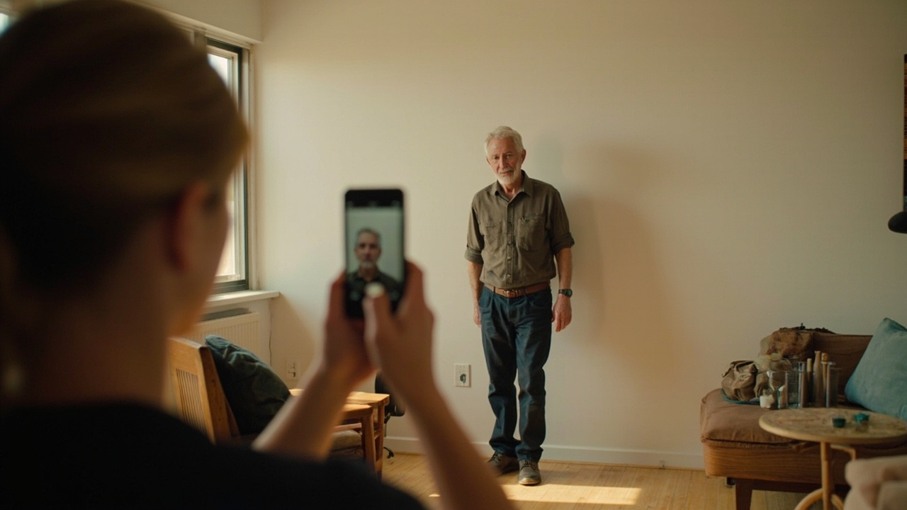American traveler photographing a passport-style headshot against a plain white wall with a smartphone in a sunlit home