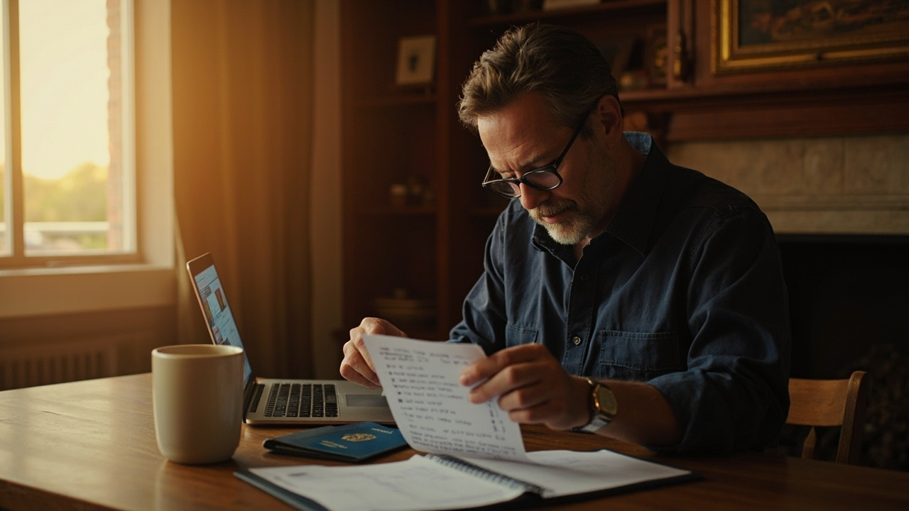 American traveler at a sunlit home desk reviewing a short handwritten checklist beside a blue US passport and a laptop