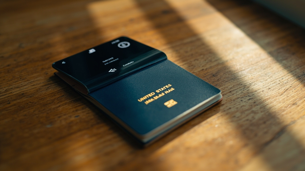 Overhead close-up of an open blue US passport on a warm wooden table beside a smartphone showing a generic document-scanner UI