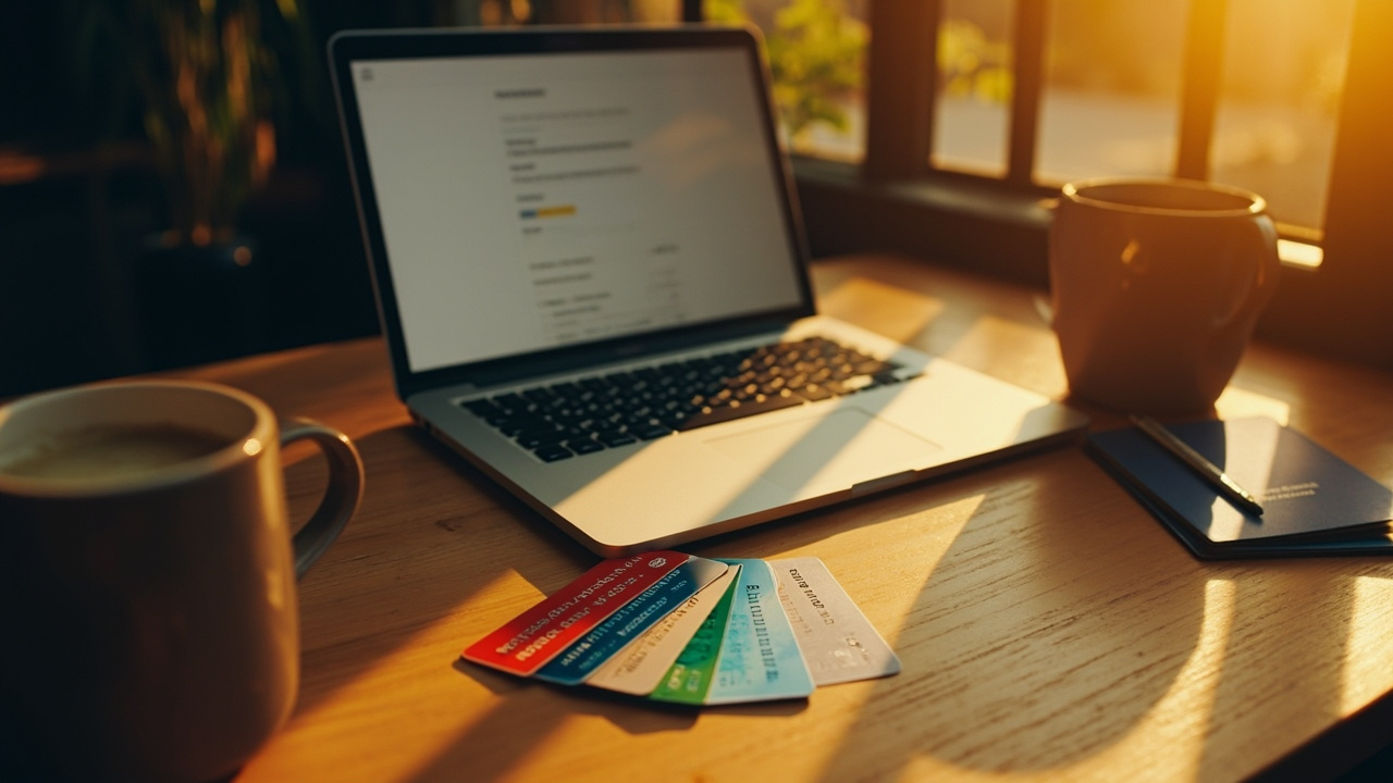 Three generic credit and debit cards on a warm wooden desk beside an open laptop, a coffee, and a closed blue US passport