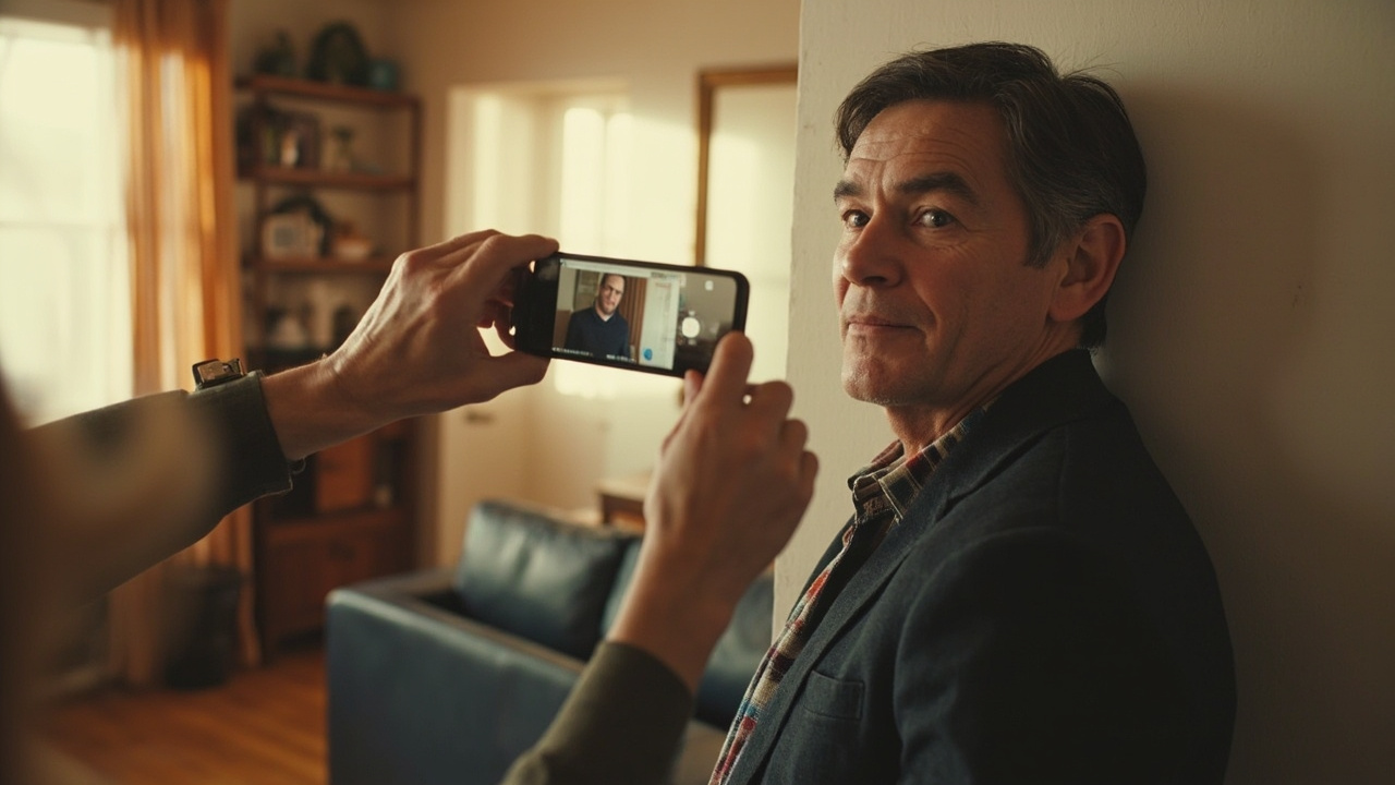 American traveler in their late 30s taking a passport-style photo with a smartphone against a plain white wall in a sunlit US home