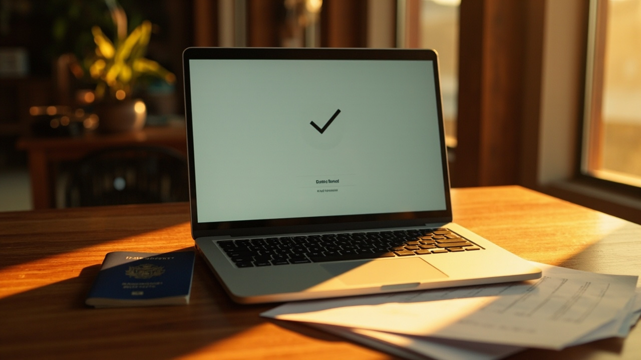 A laptop showing a generic approval screen beside a blue US passport and a folded printout on a warm wooden desk at golden hour