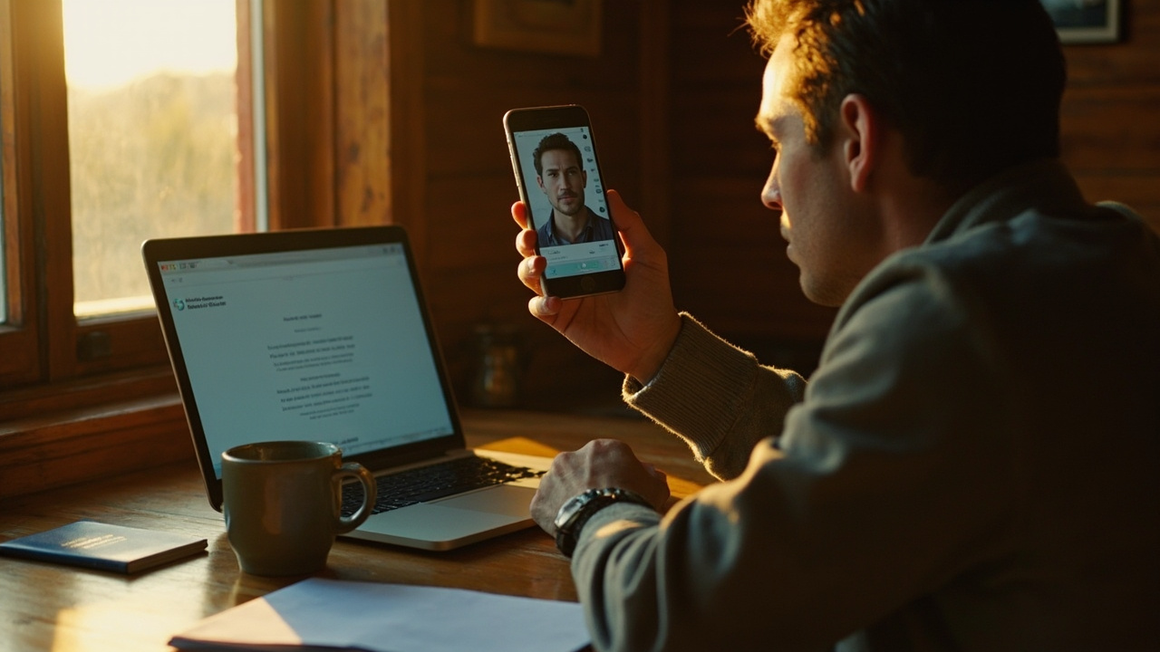An American traveler reviewing a headshot on a smartphone beside a laptop and a blue US passport at a sunlit desk