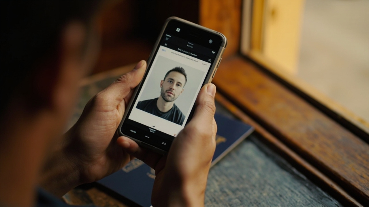 Close-up of a smartphone showing a generic square photo-crop tool over a passport-style headshot on a warm wooden desk