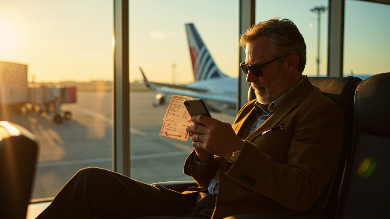 American traveler checking a folded boarding pass against a smartphone form at an airport gate window at golden hour
