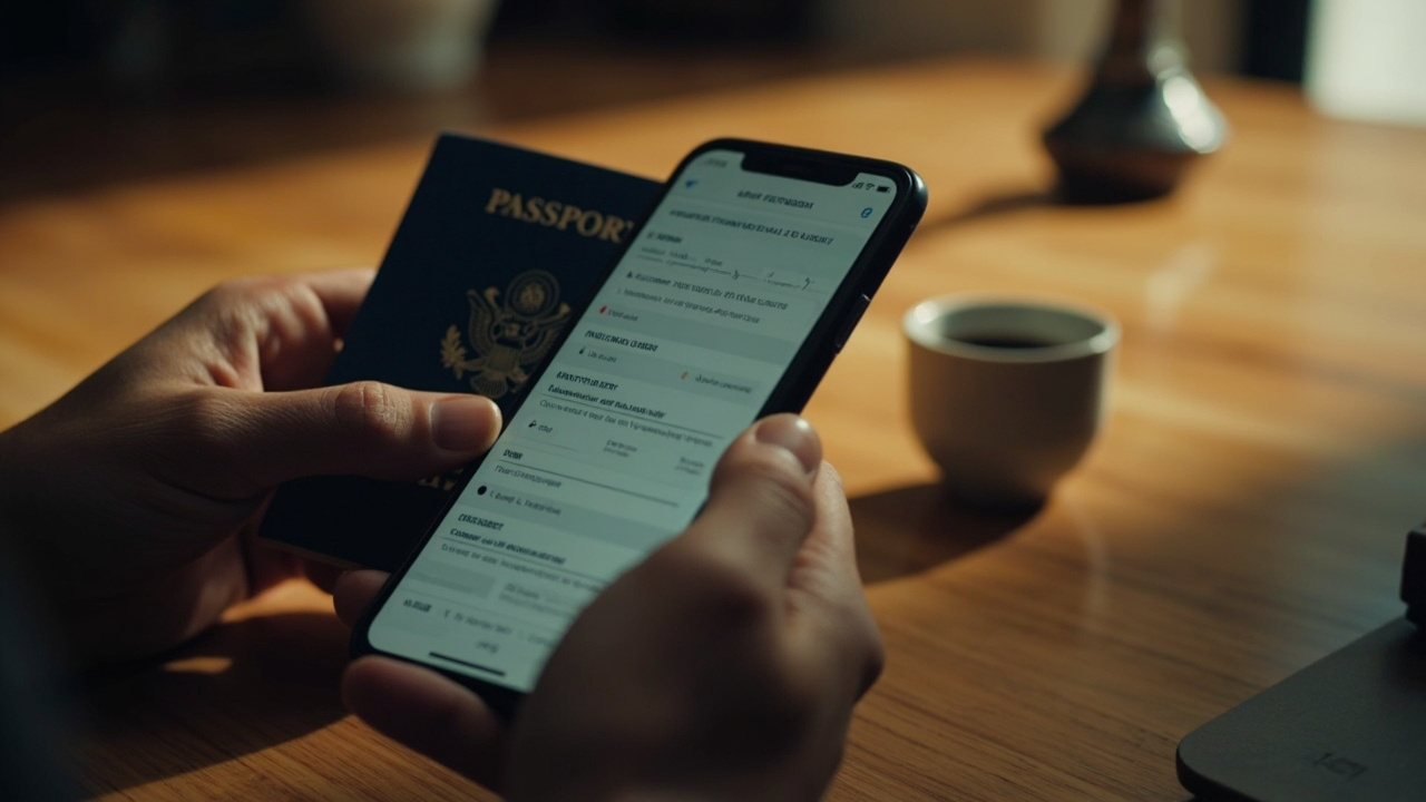Close-up of a hand holding an open blue US passport beside a smartphone, copying name details into a generic form at a sunlit desk
