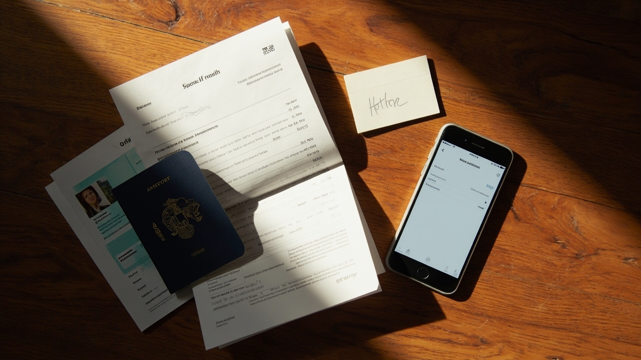 Overhead flat-lay of an open blue US passport, a folded flight printout, and a smartphone on a warm wooden desk, laid out before filling a form