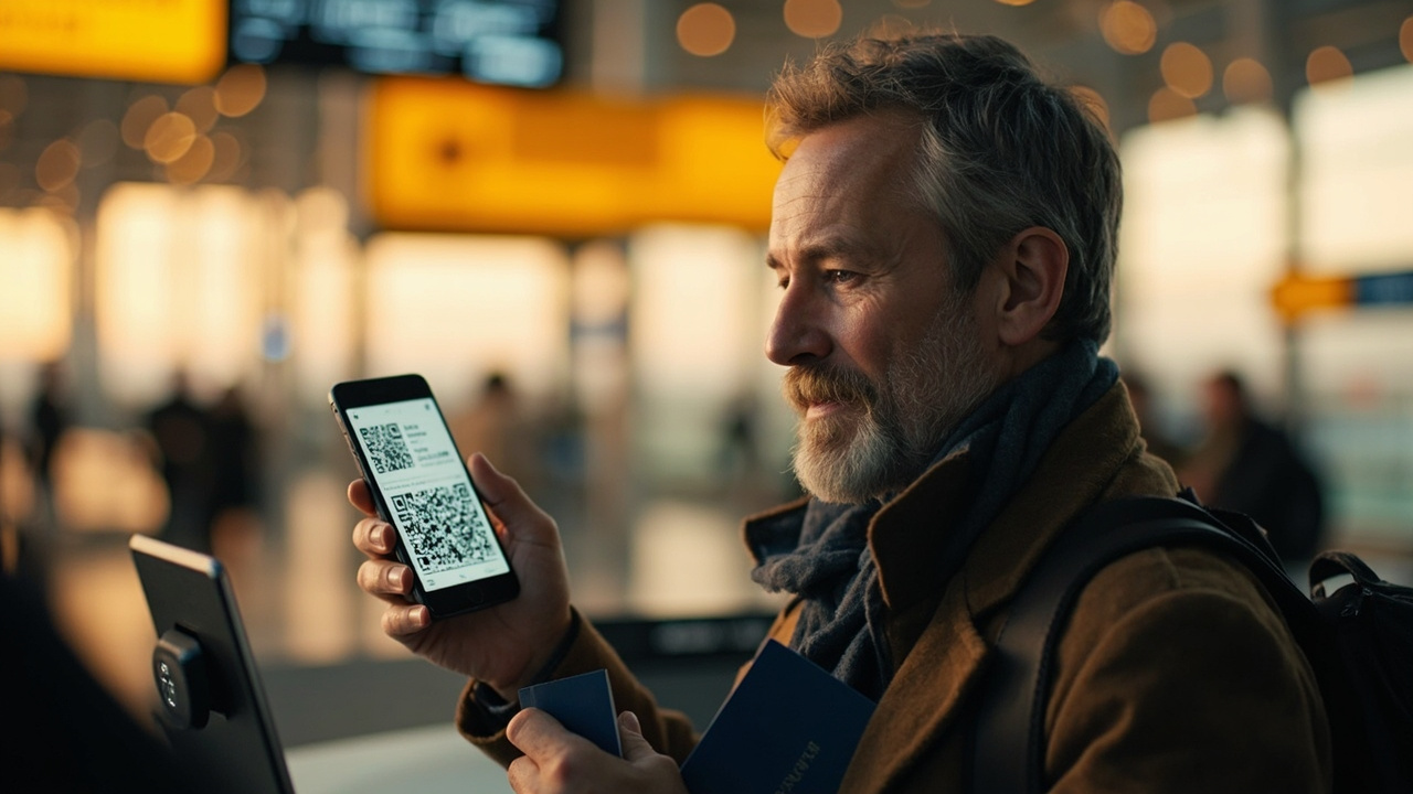 American traveler holding up a smartphone showing a generic QR-code confirmation at a soft-focus arrivals kiosk at golden hour