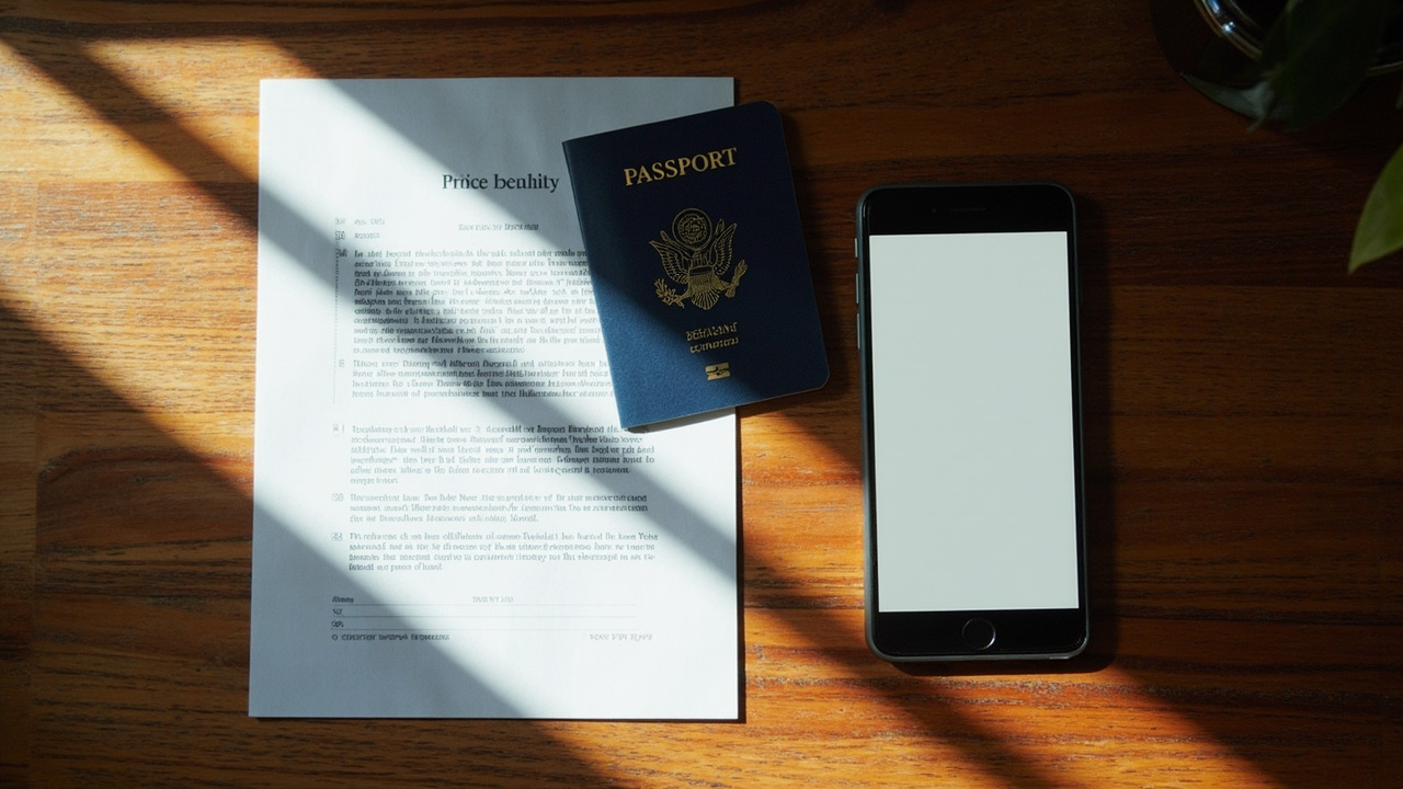 Overhead flat-lay of a folded printed eVisa PDF beside a smartphone showing a generic confirmation screen and a blue US passport on a warm wooden desk