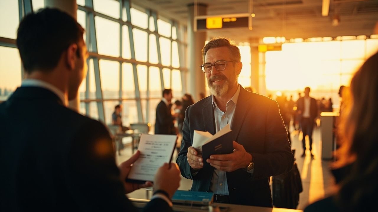 American traveler calmly presenting a blue US passport with a folded printout and a smartphone at a soft-focus airport immigration counter at golden hour