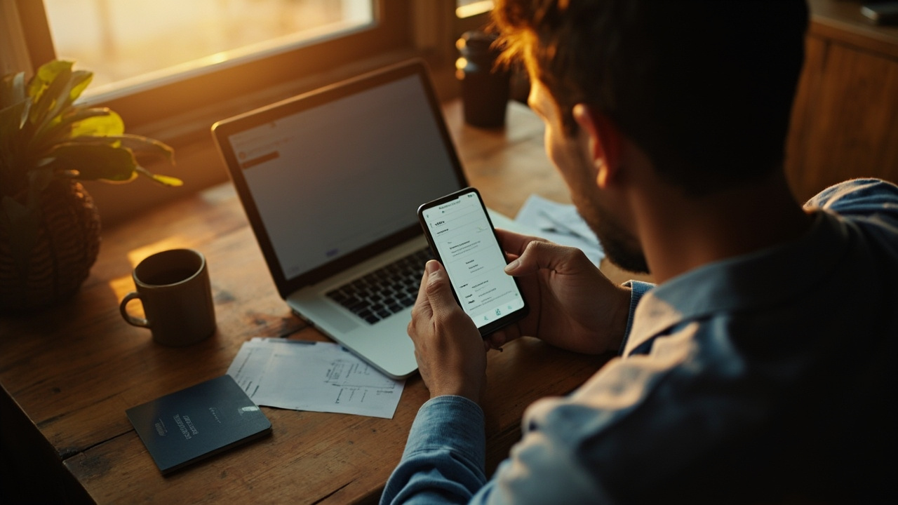 American traveler at a home desk filling a short form on a phone with an open laptop and a blue US passport nearby at golden hour