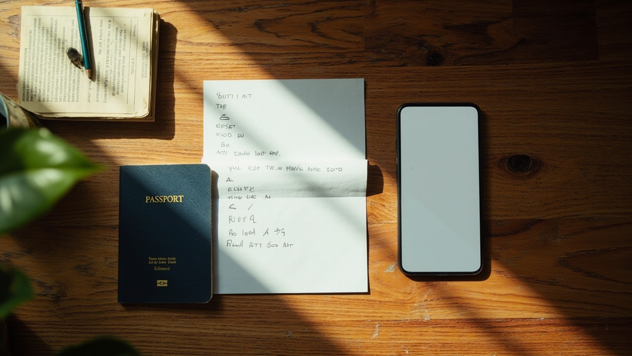 Overhead flat-lay of a handwritten travel timeline note card, a blue US passport, a folded printout, and a smartphone arranged in sequence on a wooden desk