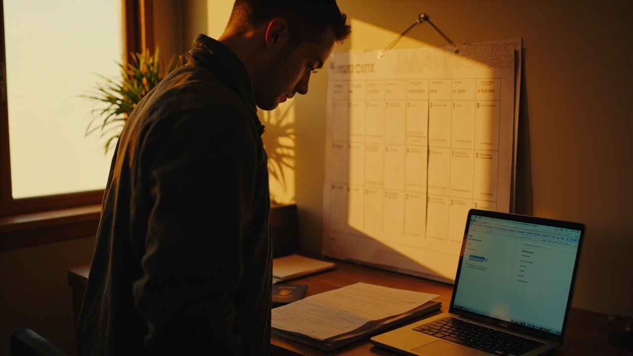 American traveler planning trip timing at a desk with a wall calendar, a printed visa PDF, and a blue US passport at golden hour