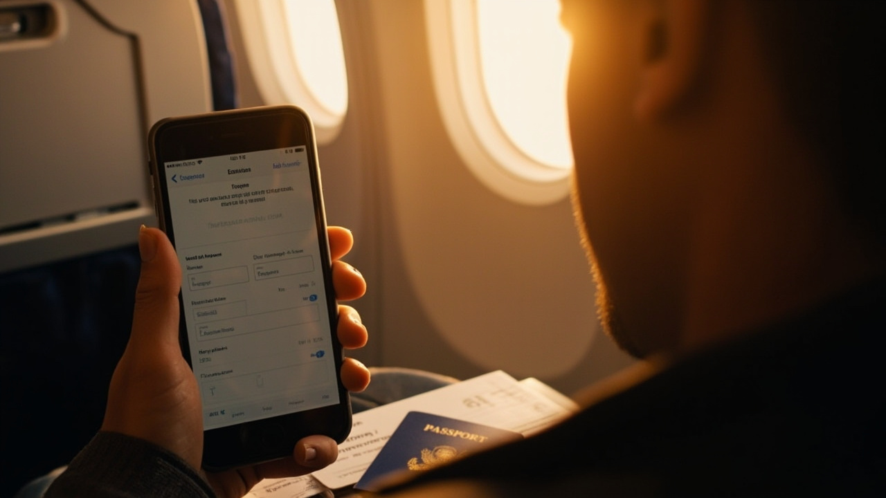 American traveler filling out a generic arrival form on a smartphone near an airplane window with warm golden light