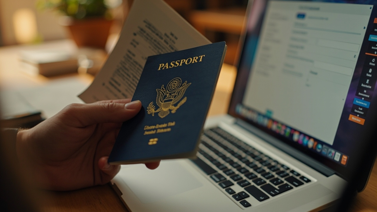 Close-up of an American applicant's hands holding a blue US passport open to the bio page while carefully checking a detail against a laptop form
