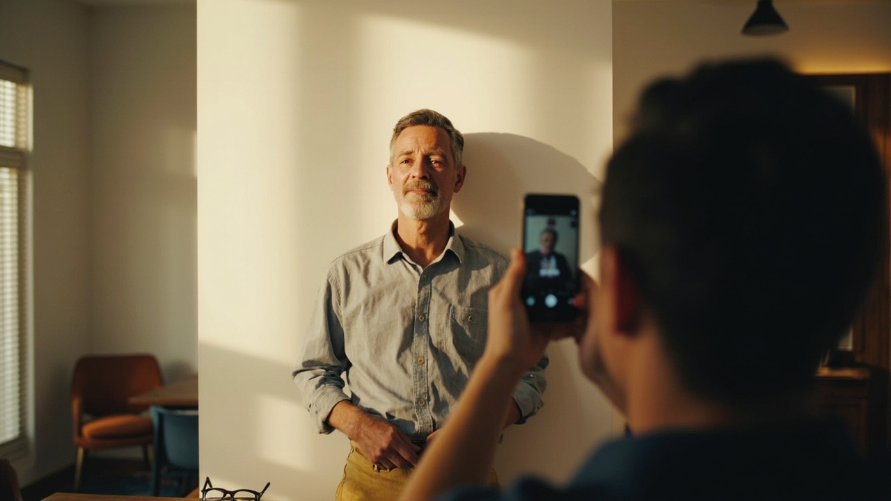 American traveler taking a compliant passport-style photo against a plain white wall with a smartphone in a sunlit home, glasses set aside on a table