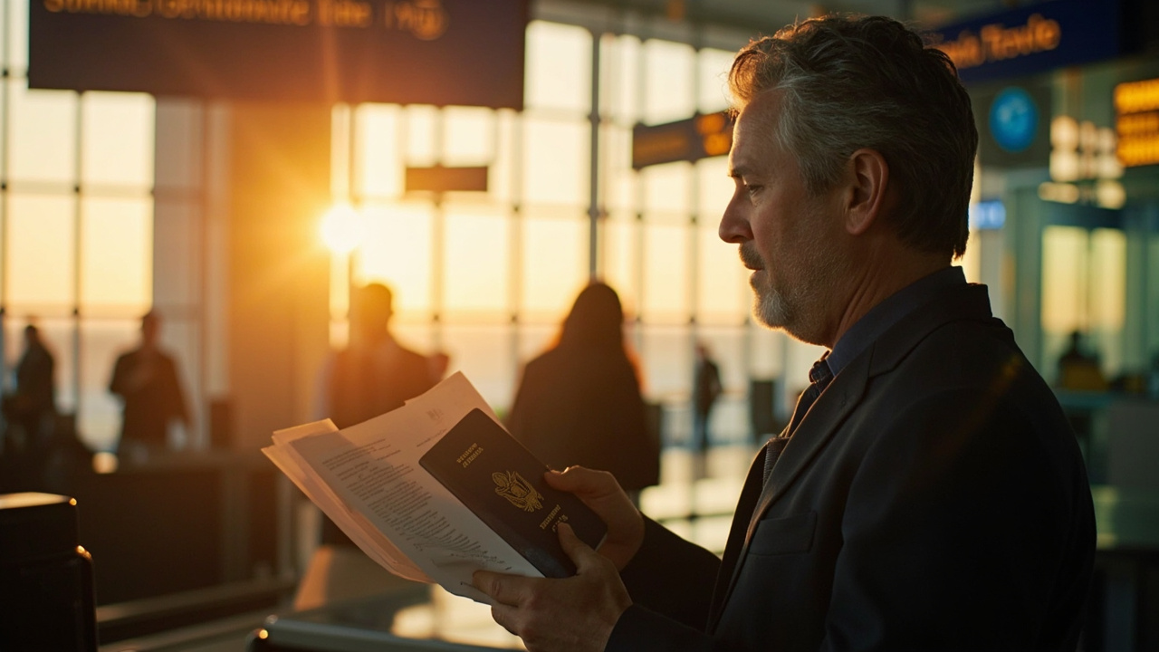 American traveler calmly presenting an open blue passport and a folded printout at a soft-focus airport counter at golden hour