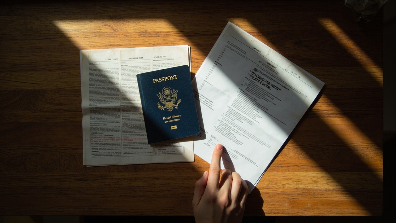 Overhead view of a navy-blue US passport open to its bio page next to a printed visa PDF on a warm wooden desk, a fingertip pointing to a detail