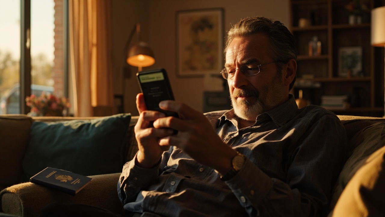 Relaxed American traveler on a sunlit sofa checking a phone with a generic status screen, a blue US passport resting on the armrest