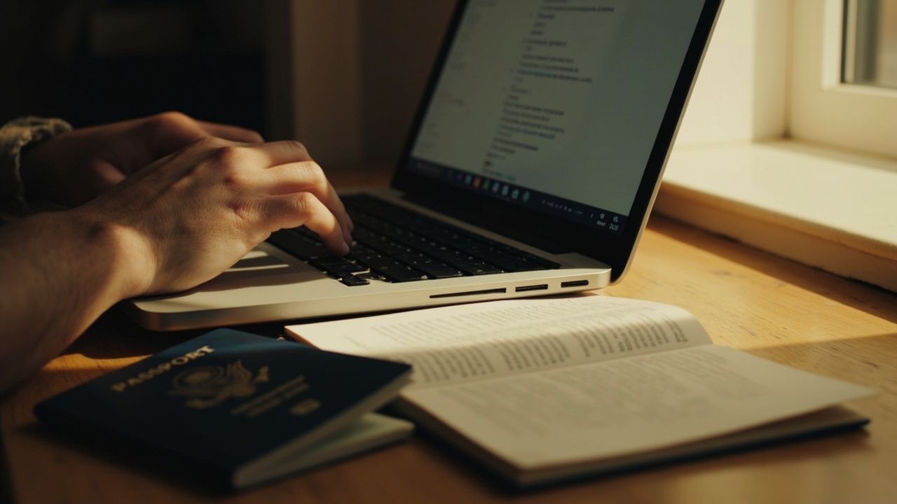 Close-up of hands typing a short correction reply on a laptop in a sunlit American home, a blue US passport open to the bio page nearby for reference