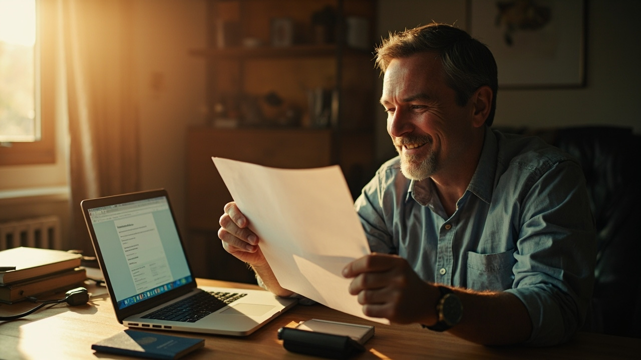 American traveler at a sunlit desk holding a folded A4 printout beside an open laptop and a blue US passport, calm and satisfied