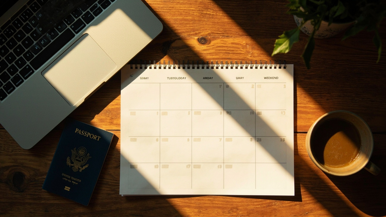 Overhead desk scene with a wall calendar showing a few weekdays marked and a weekend left plain, beside a laptop and a blue US passport