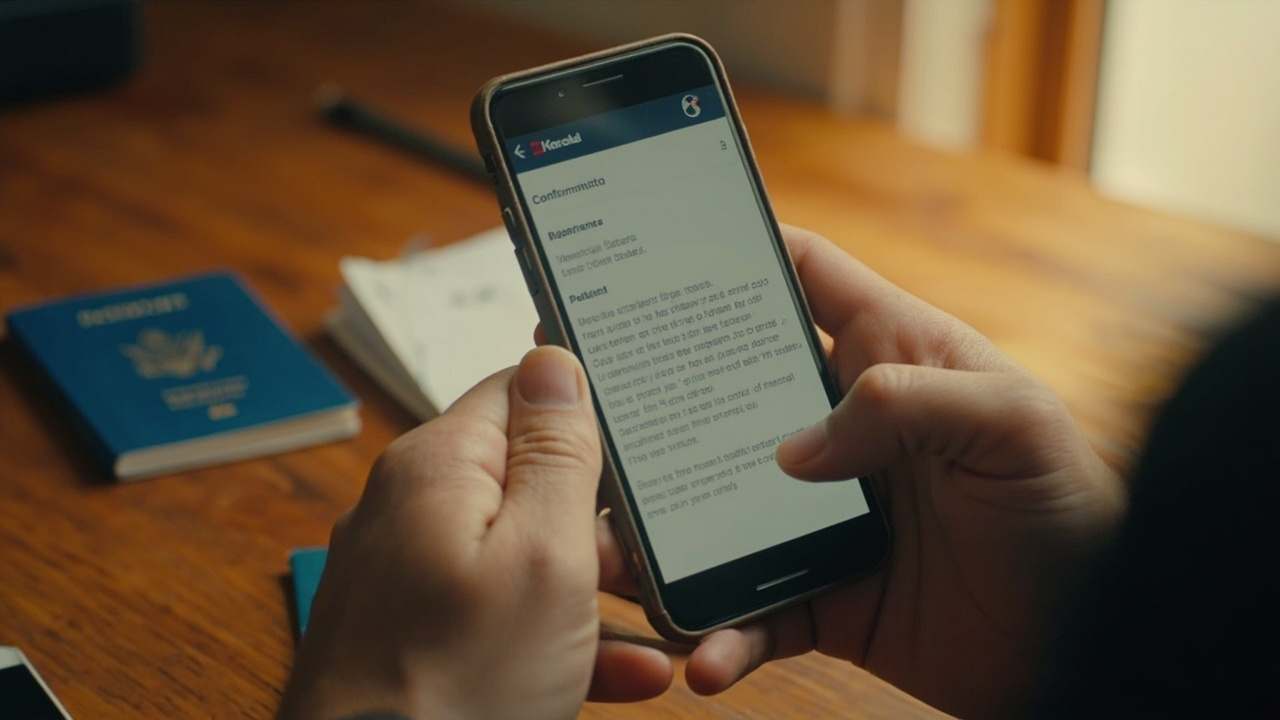 Close-up of a smartphone held over a warm wooden desk showing a generic confirmation-email layout, a blue US passport nearby