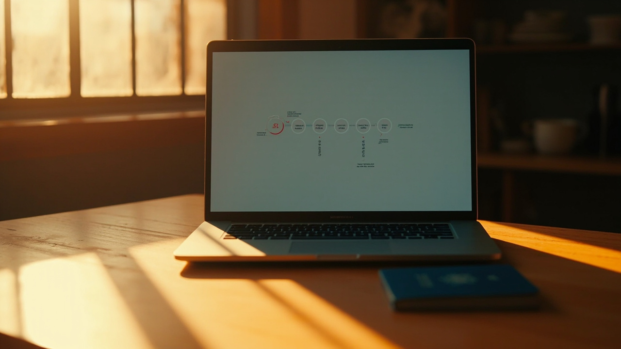 Over-the-shoulder view of a laptop showing a generic multi-step status tracker with stages from submitted to approved on a warm wooden desk