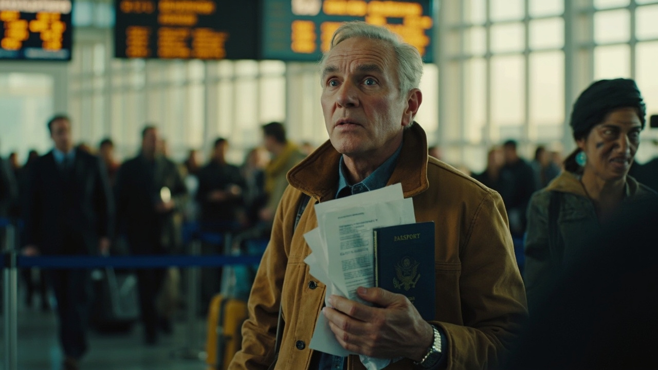 American traveler holding a blue US passport, a printed page, and an e-Arrival confirmation slip together at a soft-focus airport immigration hall
