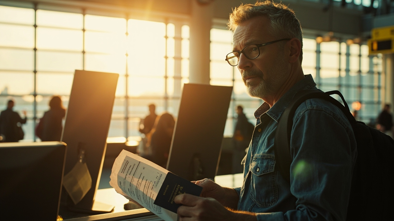 American traveler handing a printed page and a blue US passport across a soft-focus airline check-in counter at a US airport