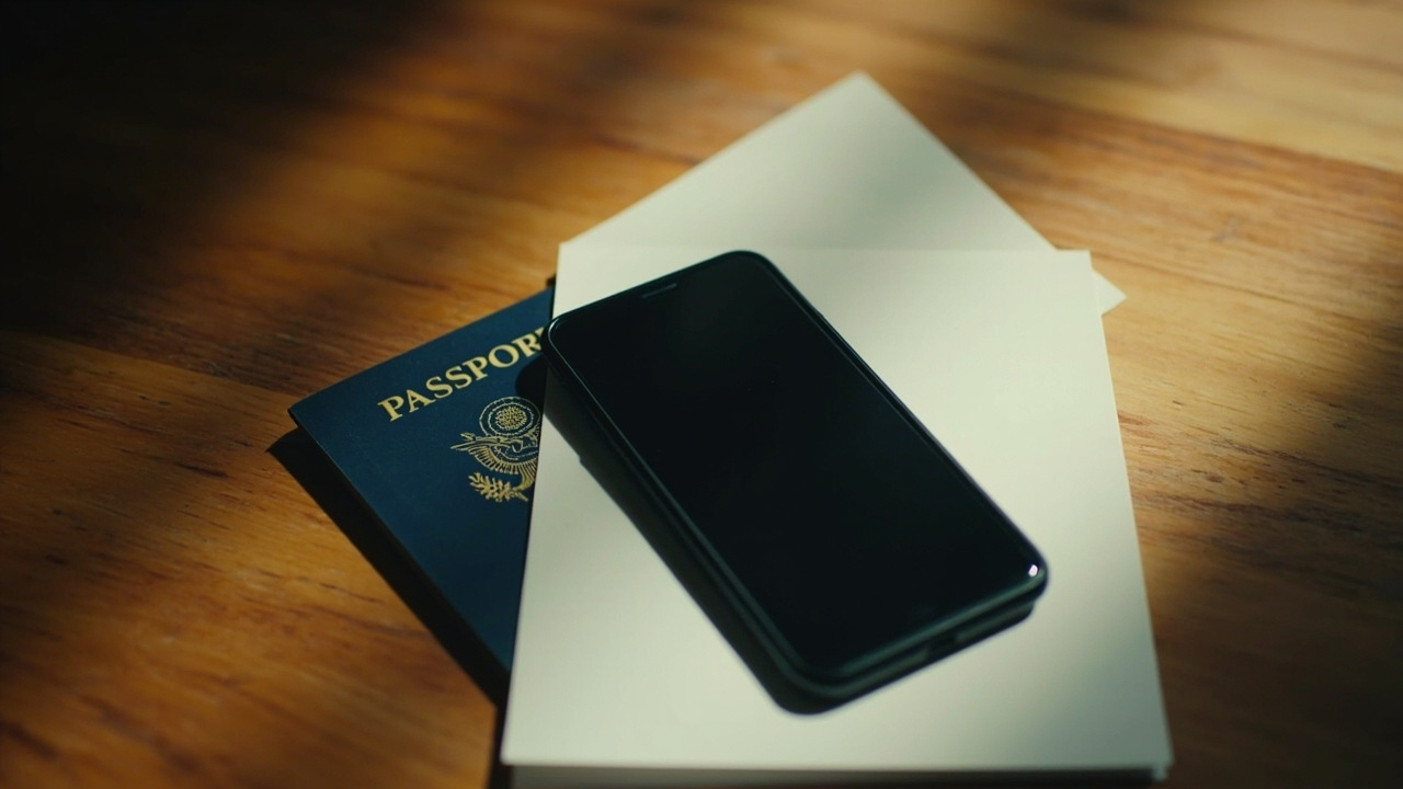 A dark dead phone screen resting on a warm wooden surface beside a printed page and a blue US passport, daylight from a side window
