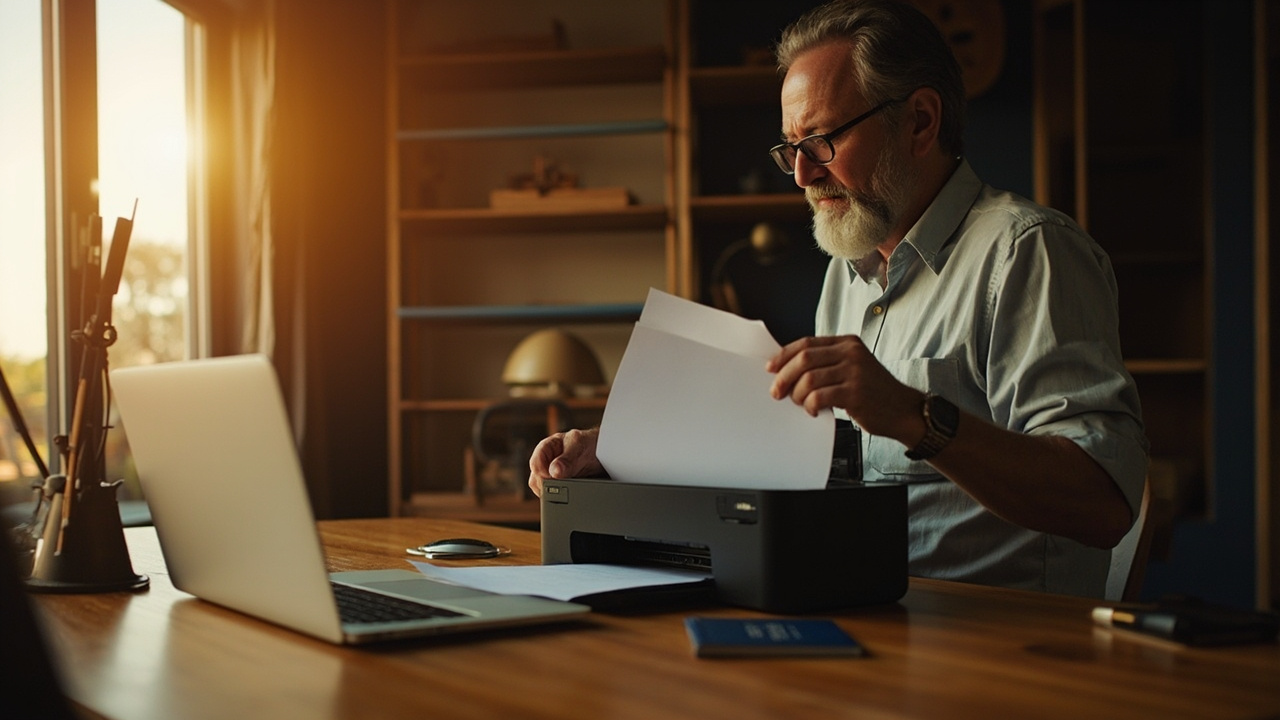 American traveler collecting two freshly printed pages from a desktop printer at a sunlit home desk beside a laptop and a blue US passport