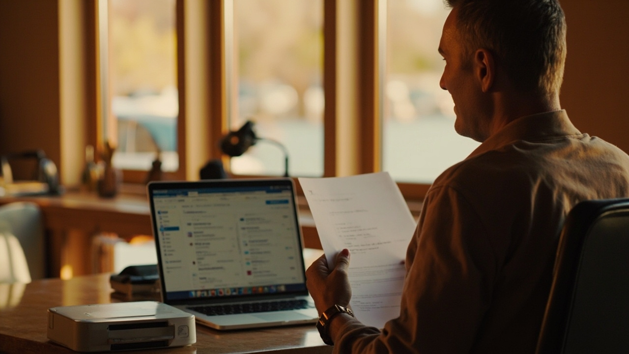 American traveler holding a freshly printed eVisa printout beside a laptop showing a generic inbox at a sunlit desk