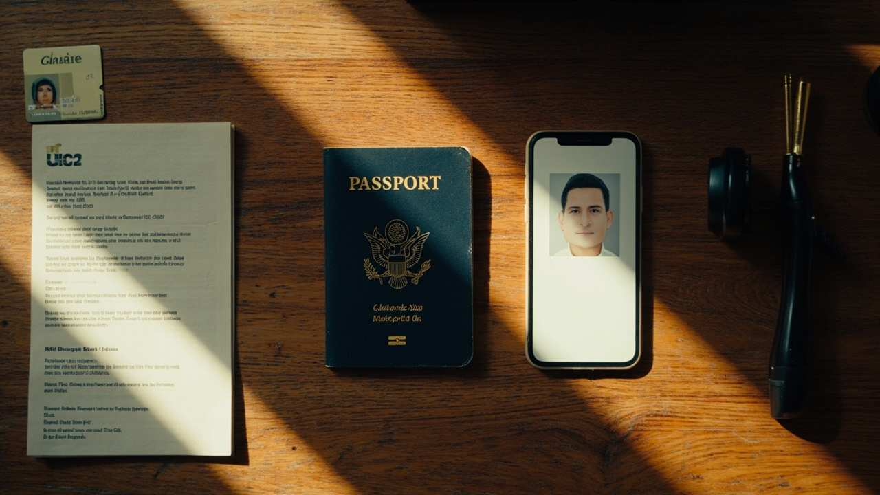 Overhead flat-lay of a blue US passport, a printed passport-style photo, a smartphone, and a payment card laid out ready on a warm wooden desk